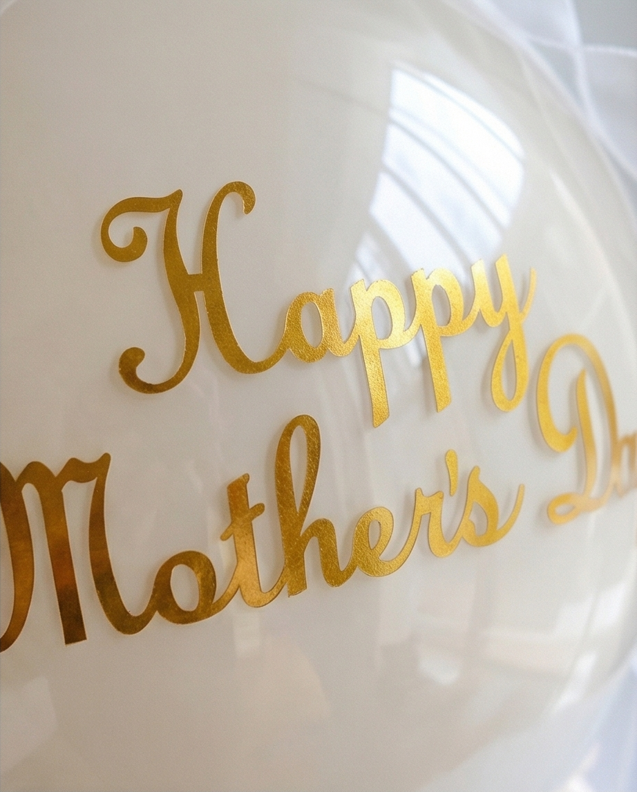 Decorative balloon with 'Happy Mother's Day' text and floral accents in a pink holder, text close up