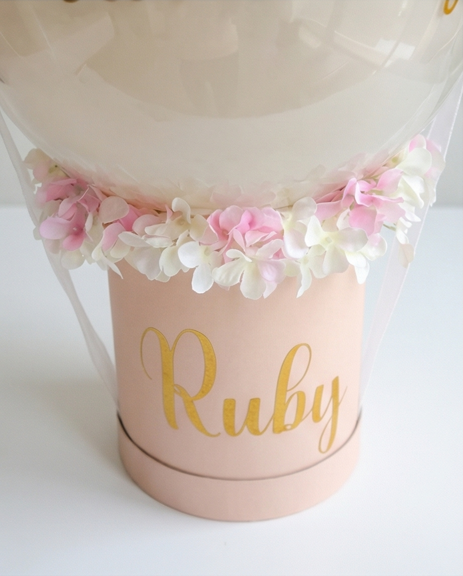 Decorative balloon with 'Happy Mother's Day' text and floral accents in a pink holder, holder close up with name