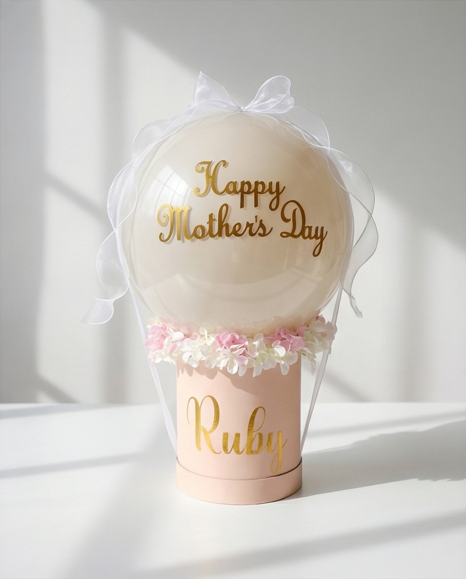 Decorative balloon with 'Happy Mother's Day' text and floral accents in a pink holder, full product view
