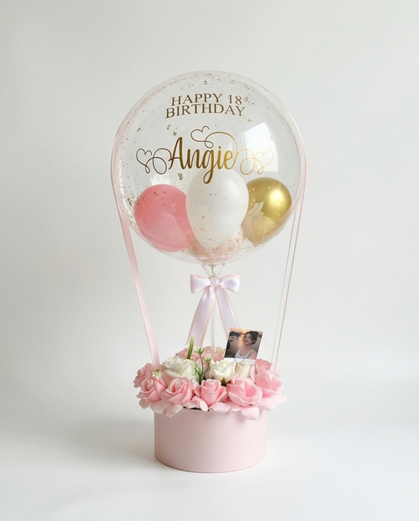 Decorative birthday balloon with flowers and balloons inside, Full view