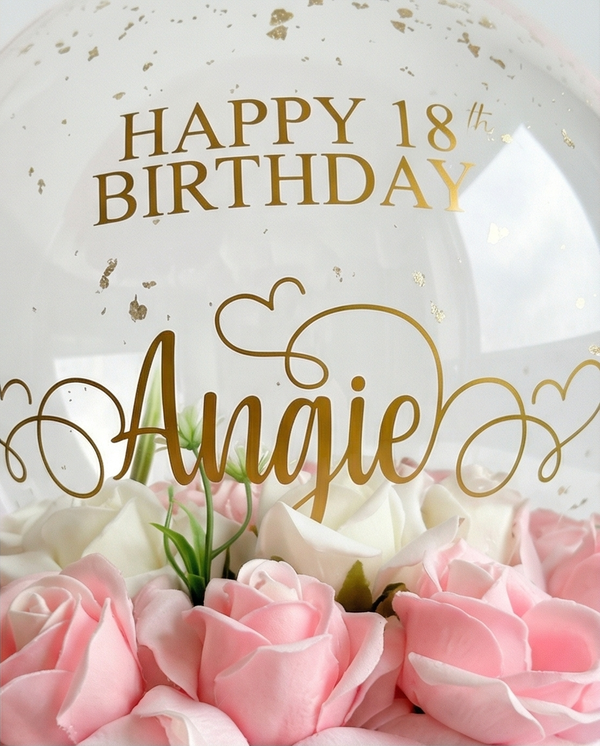 Decorative birthday balloon with flowers and balloons inside, text close up