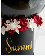 Black balloon with 'Happy Mother's Day' text and flowers, placed in a decorative holder, holder close up