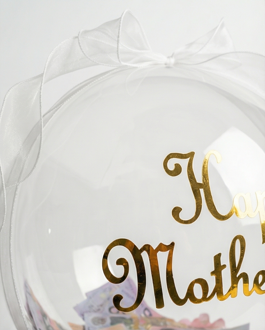 Clear dome with gold 'Happy Mother's Day' text and a white bow