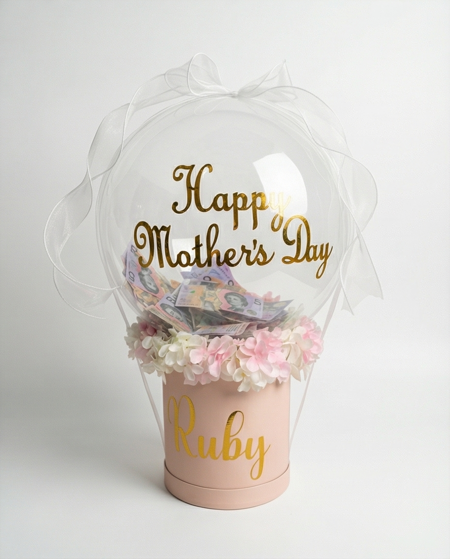 Pink box with flowers and 'Happy Mother's Day' message, featuring the name text, full product view