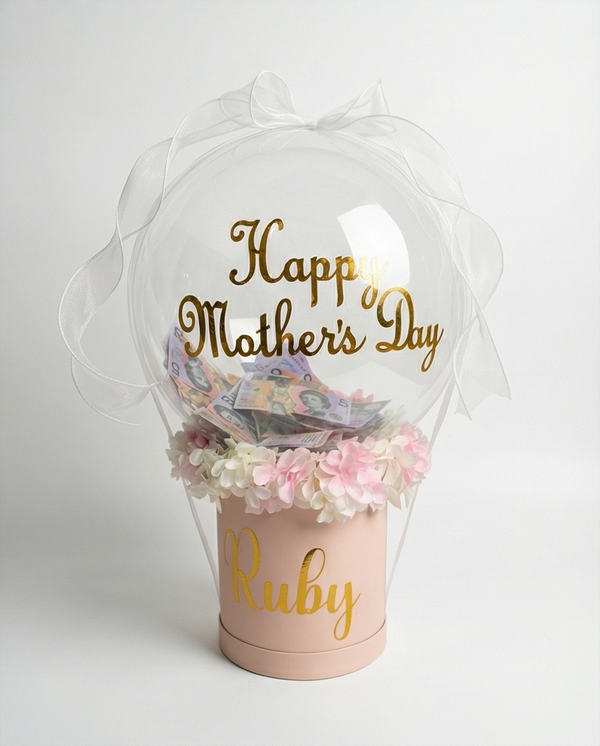 Pink box with flowers and 'Happy Mother's Day' message, featuring the name text, full product view