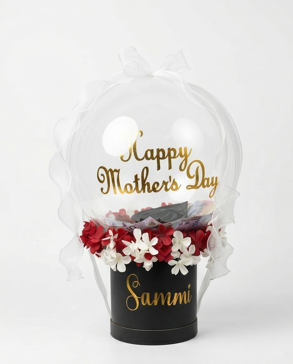 Decorative gift with 'Happy Mother's Day' text, featuring red and white flowers outside a clear dome.