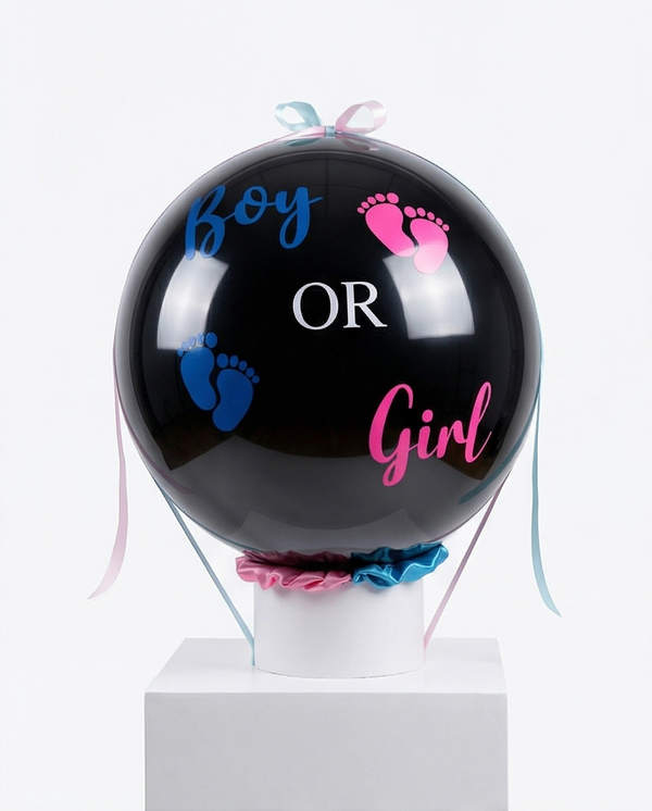 Black balloon with 'Boy' and 'Girl' text and footprints, full product view