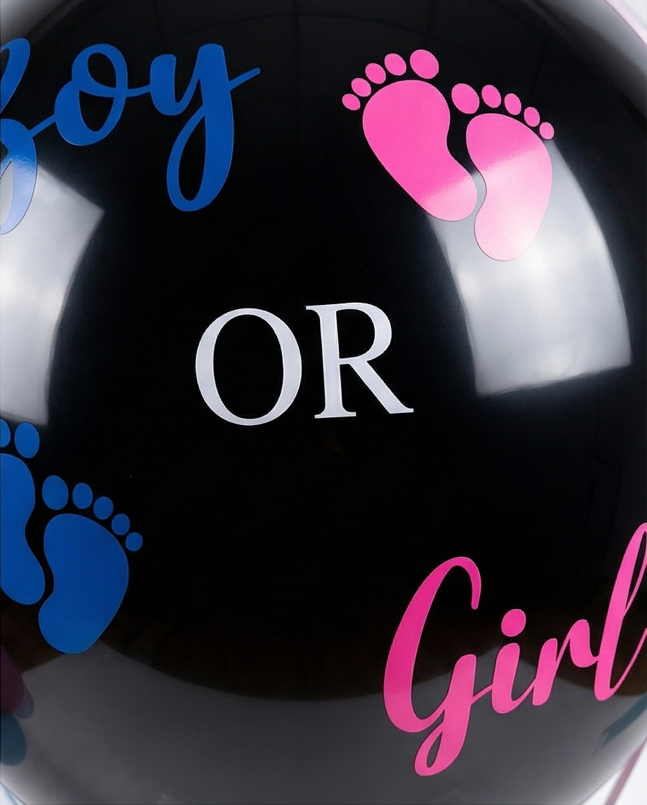 Black balloon with 'Boy' and 'Girl' text and footprints, text close up