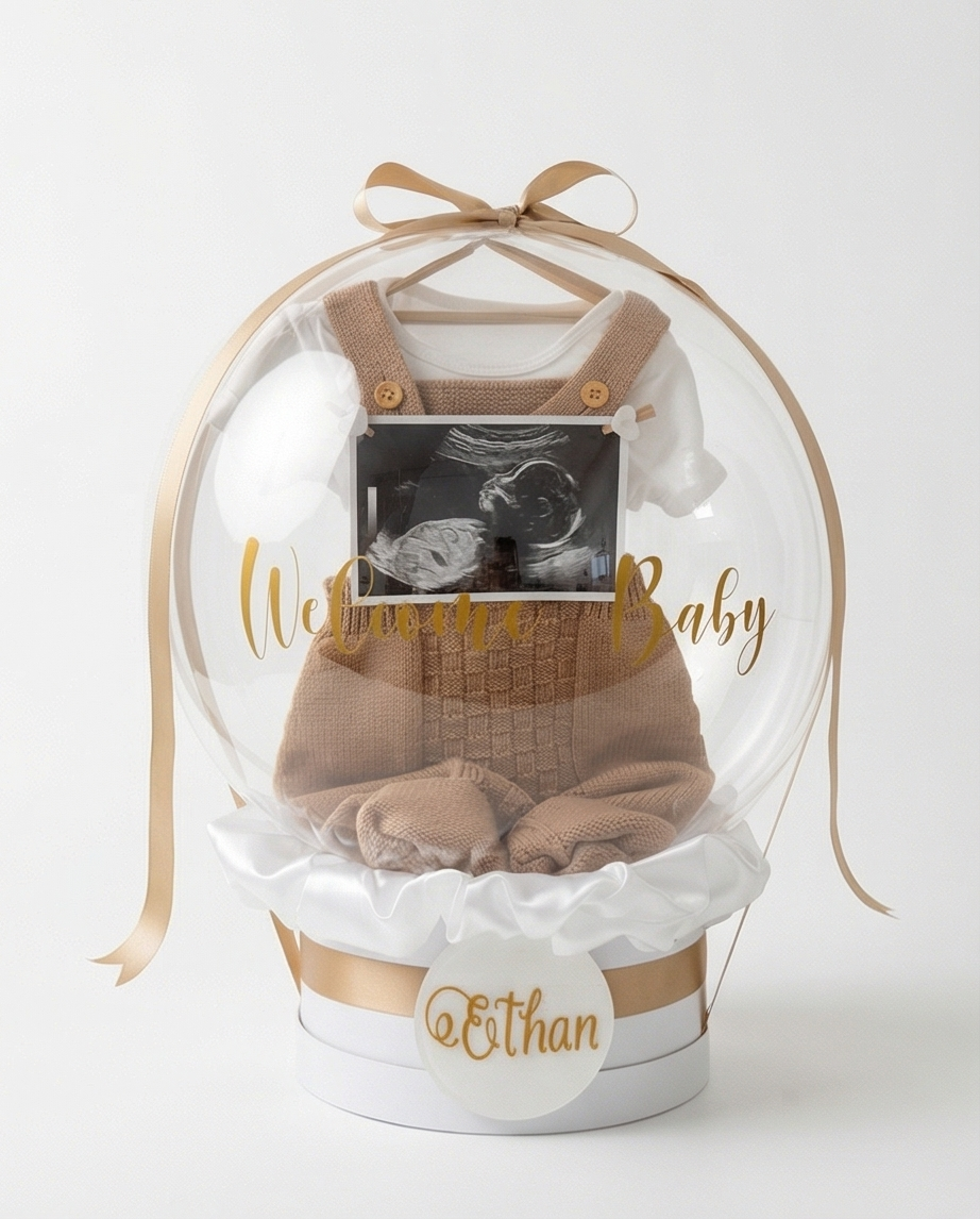 Baby shower gift with baby onesie, socks, and ultrasound photo inside a decorative box, slight zoom view