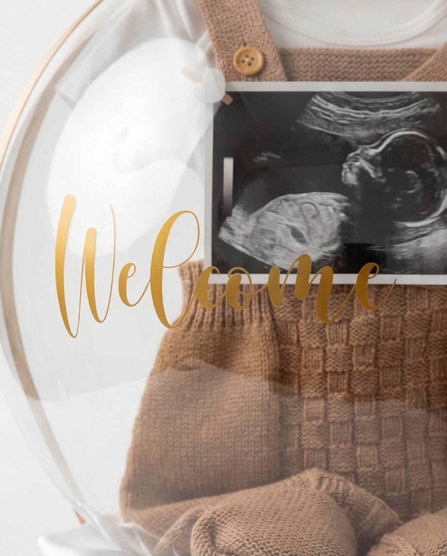 Baby shower gift with baby onesie, socks, and ultrasound photo inside a decorative box, text close up