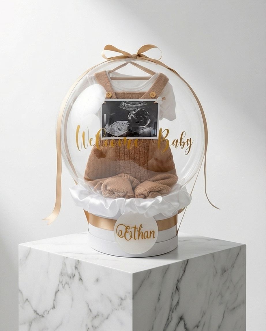 Baby shower gift with baby onesie, socks, and ultrasound photo inside a decorative box, full product view
