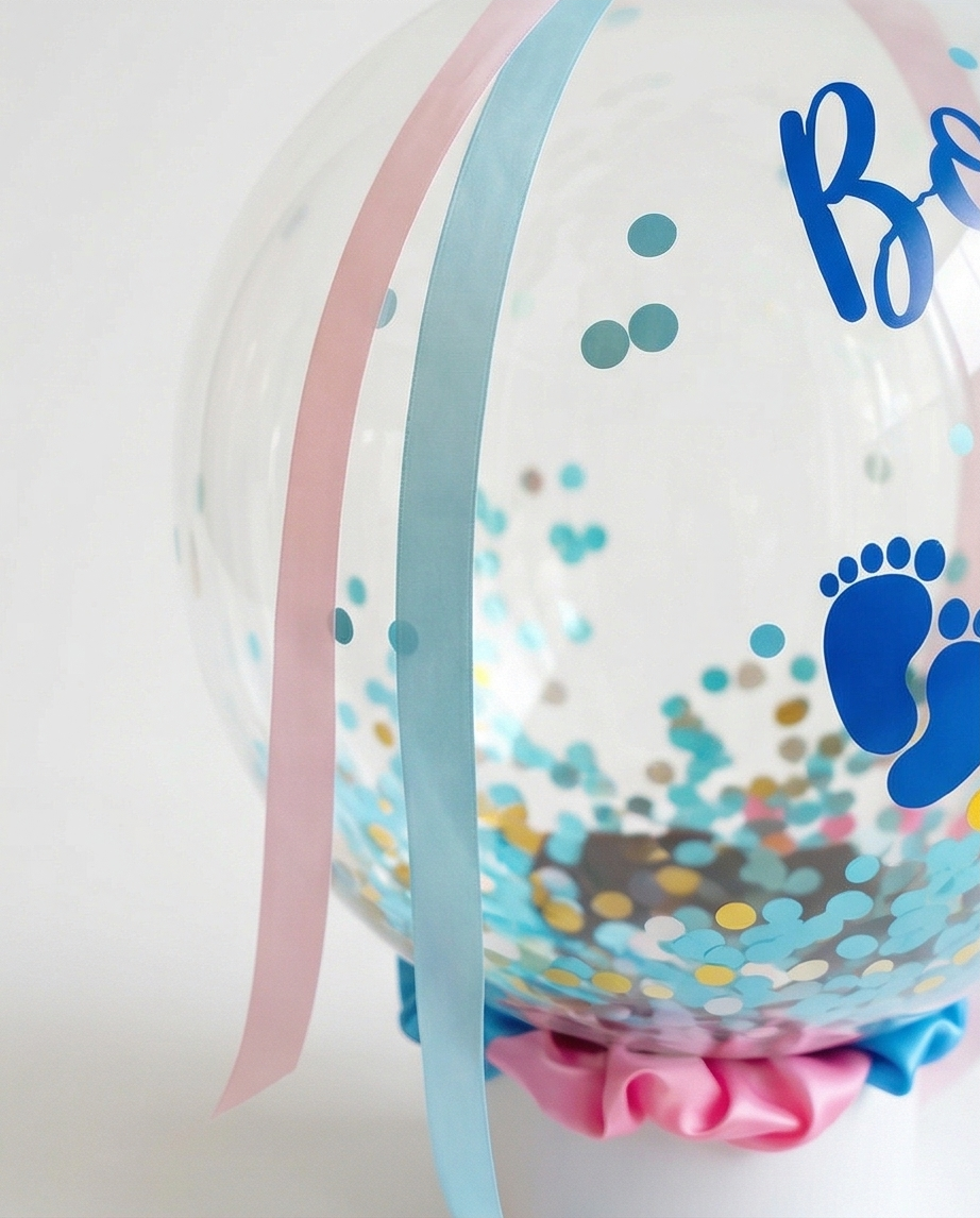 Black balloon with 'Boy' and 'Girl' text and footprints, ribbon close up