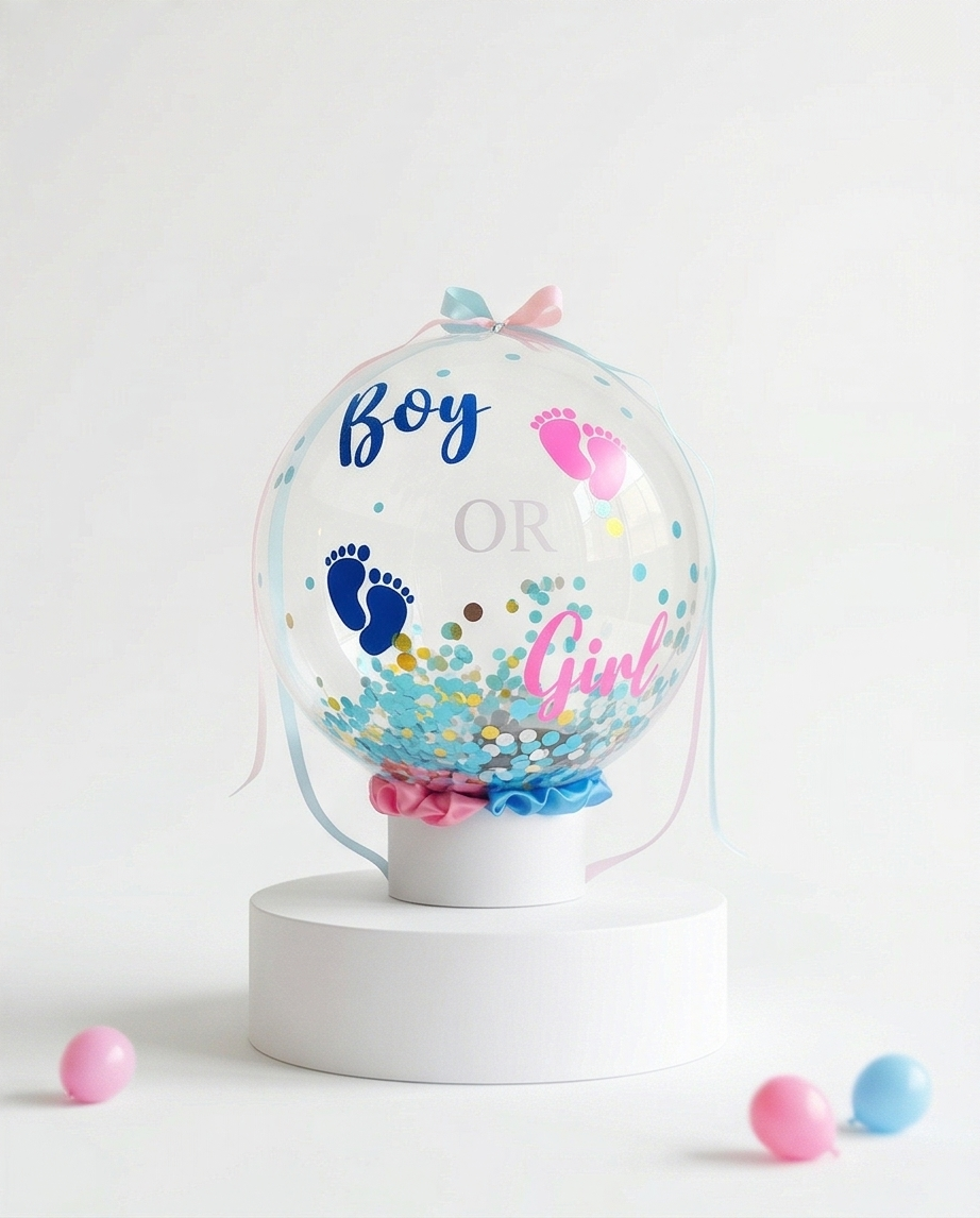 Baby shower decoration with 'Boy' or 'Girl' text and footprints in a transparent dome
