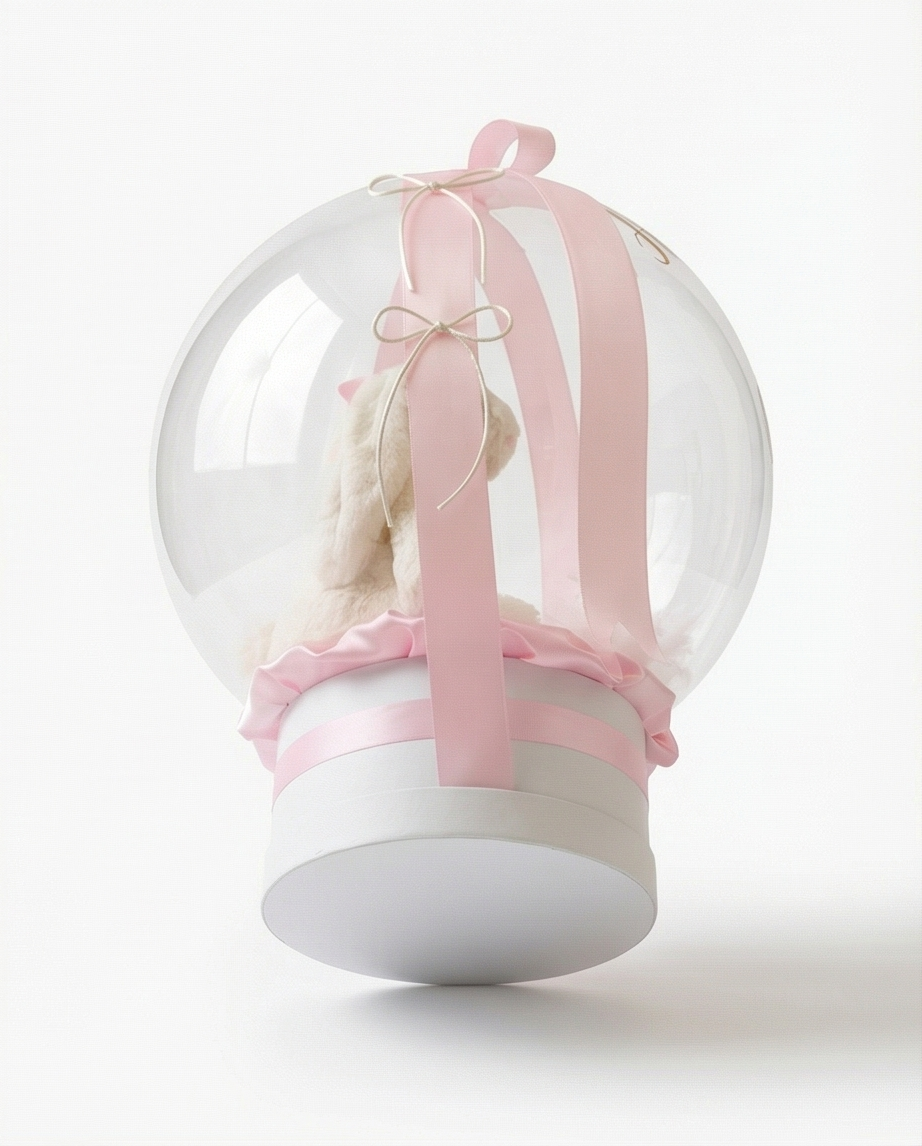 Teddy bear in a clear dome with pink ribbons, back view