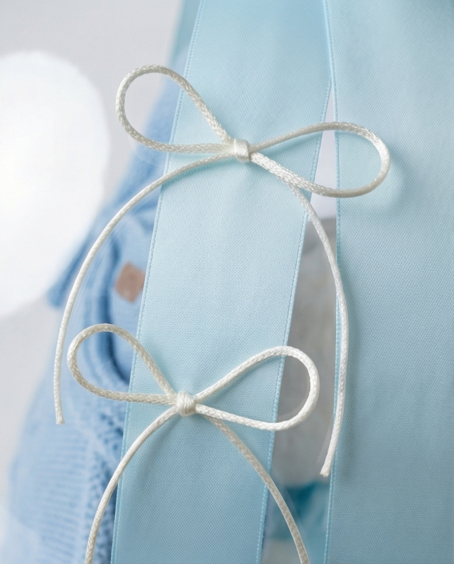 Baby gift set with teddy bear, blue romper, and 'Welcome Baby' text in a clear dome, ribbon close up