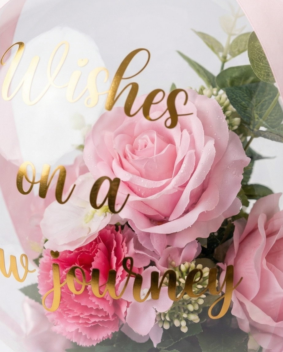 Pink floral arrangement in a transparent dome with 'Best wishes on your new journey' text, flower close up in transparent dome