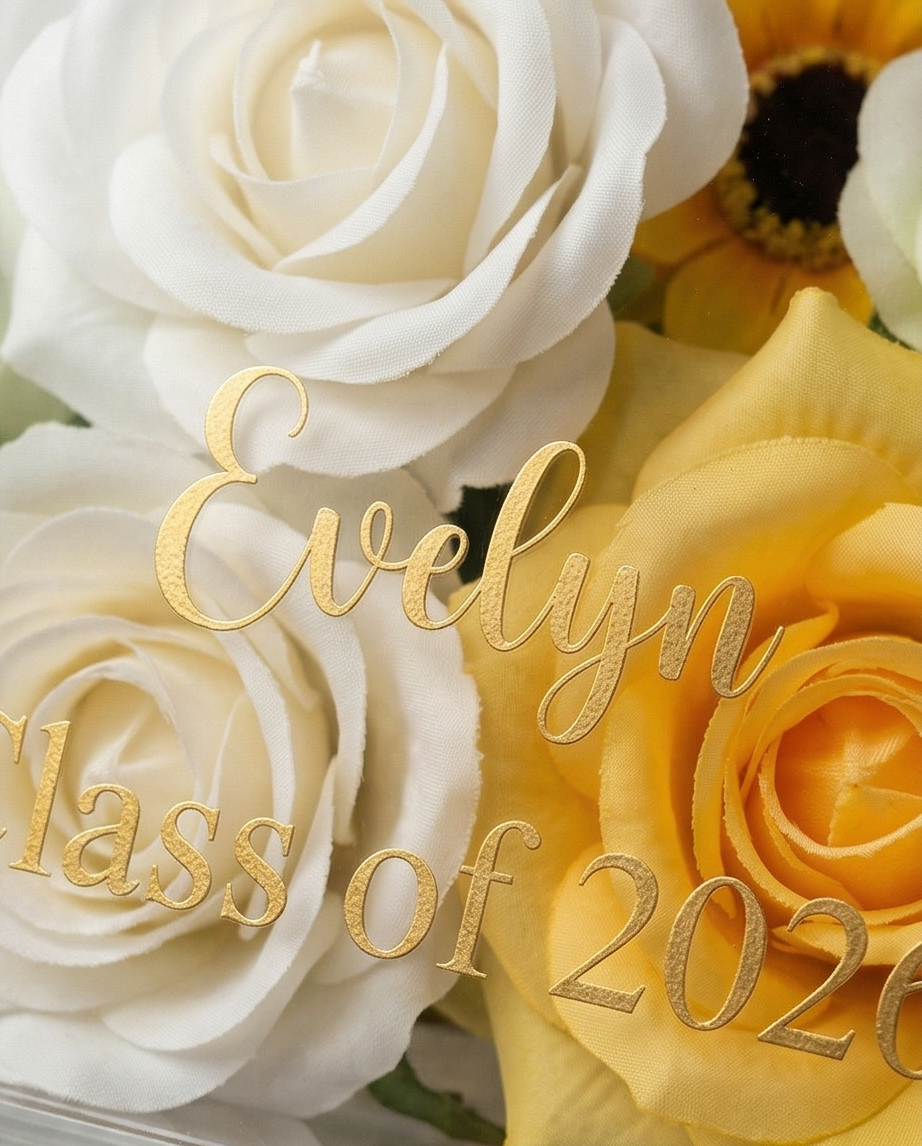 Graduation-themed teddy bear with flowers in a clear gift bag, text close up