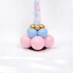 Black balloon with question marks and colorful base, closeup of base