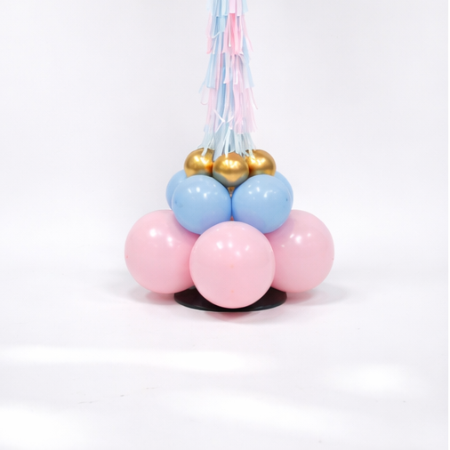 Black balloon with question marks and colorful base, closeup of base